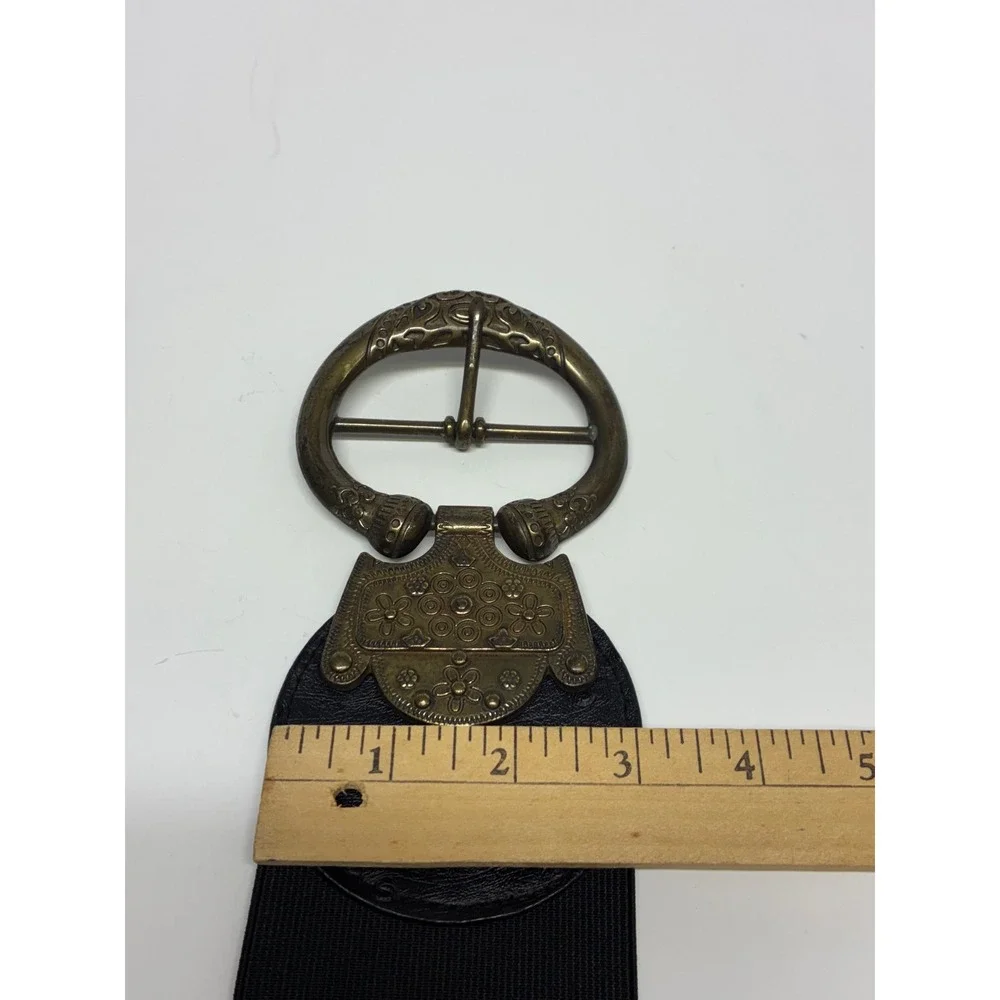 Lake Shore Drive Belt Womens ML Black Elastic Ostrich Print Ornate Brass Buckle